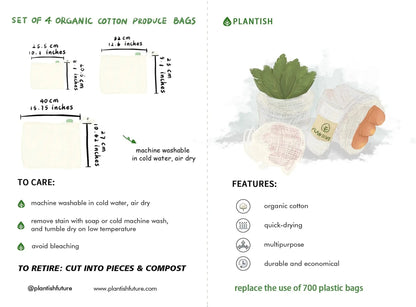 Set of 4 Organic Cotton Mesh Produce Bags