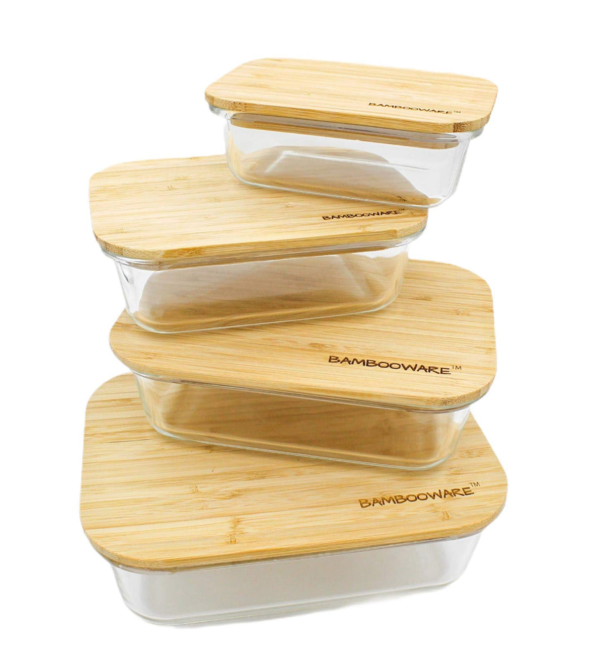 Bambooware Glass Containers with Lids | Non Plastic Glassware Set - Natural Raw Organic Wooden Bamboo Lids | Set of 4 | Reusable BPA Free | Perfect for Meal Prep Lunch Leftovers Kitchen
