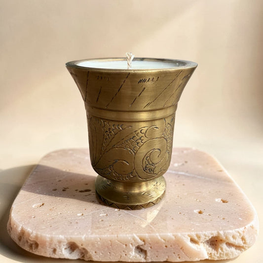 Repurposed Etched Brass Mortar Candle